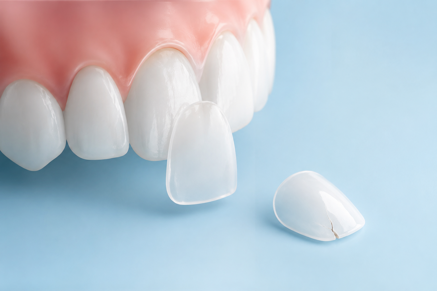 Keramik-Veneers an Frontzähnen mit einer beschädigten Veneer-Schale